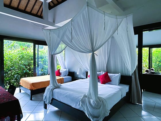 MAIN PHOTO - Spacious high-ceiling West Bedroom features 1 queen bed and 1 single bed, 1 desk and a chair and a sofa bed. The Editorial House, Ambary Ubud Villas