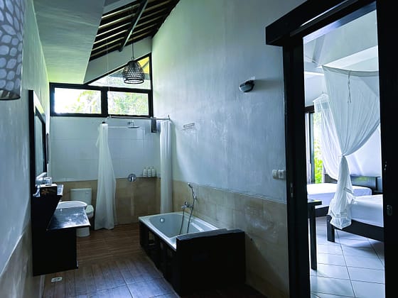 West bathroom with bathtub, hot water shower. Bright and spacious. The Editorial House, Ambary Ubud Villas