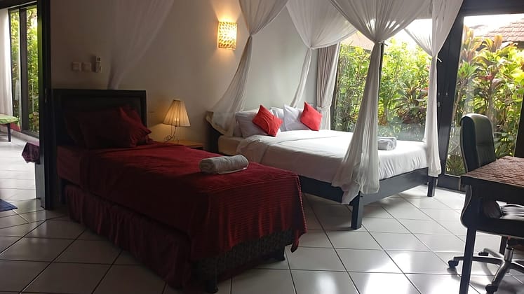 Work desk, chair, an ensuite bathroom. East Bedroom Editorial House. Spacious airy and bright high-ceiling bedroom